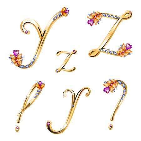 volume shiny bronze alphabet with floral details from diamonds and gemsのイラスト素材