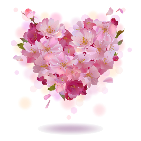 Vector spring background with gentle heart from cherry flowers and petals,isolated on the white backgroundのイラスト素材