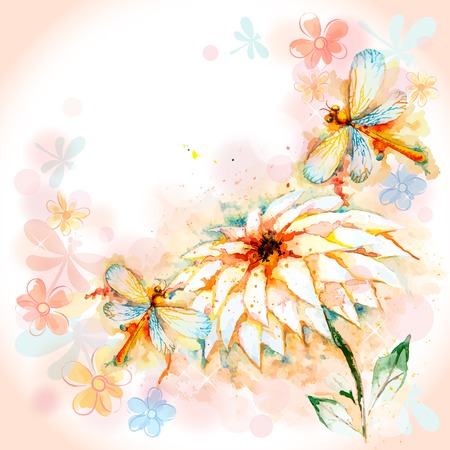 Vector spring greeting background with beautiful watercolor flying orange dragonflies and lily flowerのイラスト素材