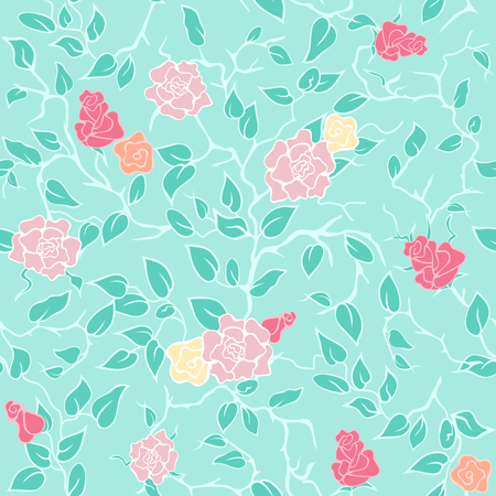 Beautiful light turquoise seamless background with intertwining branches, leaves and orange, pink and yellow rosesのイラスト素材