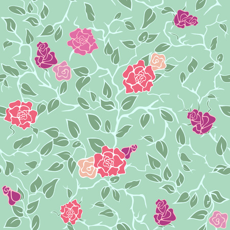 Beautiful green seamless background with intertwining branches, leaves and vinous and pink rosesのイラスト素材