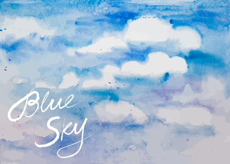 Blue sky with white clouds - hand drawn watercolor vector backgroundのイラスト素材