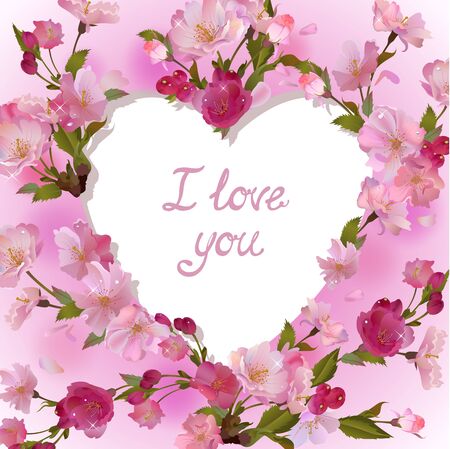 Vector square spring background with gentle cherry branches, flowers and petals, white heart with inscription I Love Youのイラスト素材