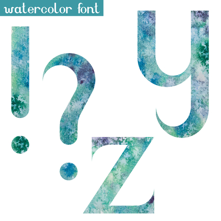Colorful green-blue watercolor paint alphabet letters Y,Z and punctuation marksのイラスト素材
