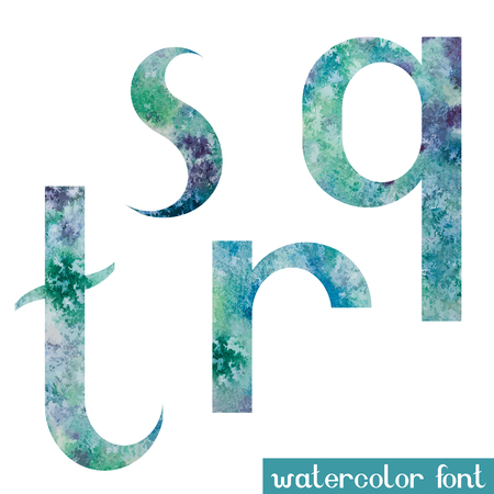 Colorful green-blue watercolor paint alphabet letters Q,R,S,Tのイラスト素材
