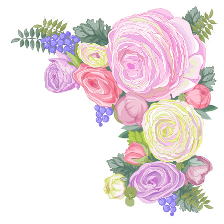 Vector gentle colored square background with composition of pastel colored Ranunculus flowersのイラスト素材