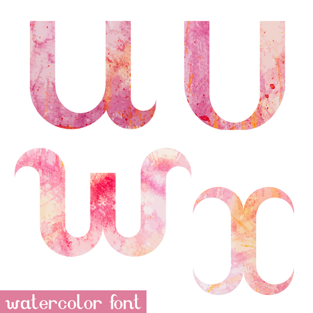 Colorful pink spring handmade watercolor paint alphabet letters U,V,W,X - vector Illustrationのイラスト素材