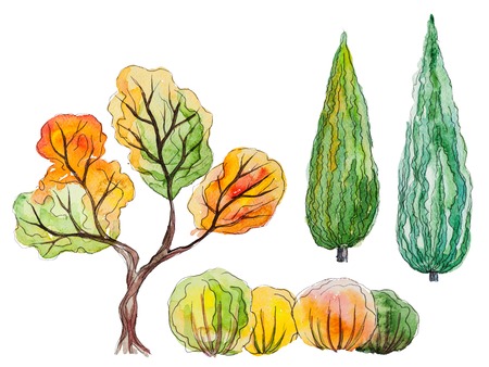 Set of isolated watercolor green and orange treesの写真素材