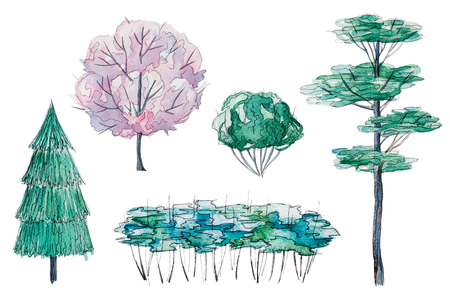 Set of isolated watercolor green and pink treesの写真素材