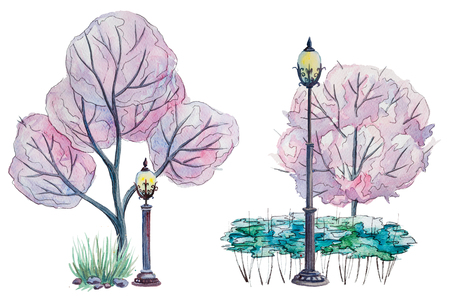 Watercolor Park with pink treesの写真素材