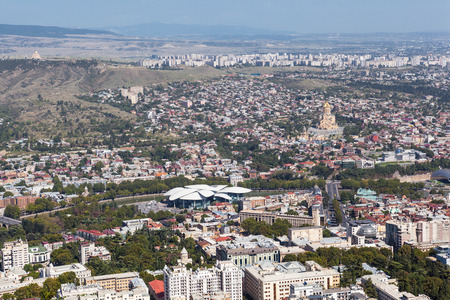 Panoramic aerial view of Tbilisi city, Kura river,House of Justiceのeditorial素材