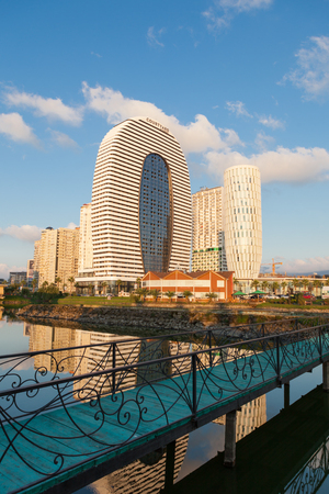 View on the Marriott hotel and Ardagani lake with bridge,Batumi, Georgiaのeditorial素材