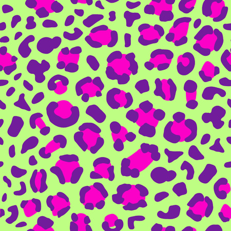 Vector abstract seamless bright animalistic leopard pattern with vivid pink and violet colored stains elements on the green backgroundのイラスト素材