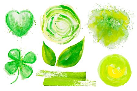 Set of fresh green vector watercolor design stickersのイラスト素材