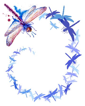 Flying Purple Watercolor Dragonflies vertical backgroundのイラスト素材
