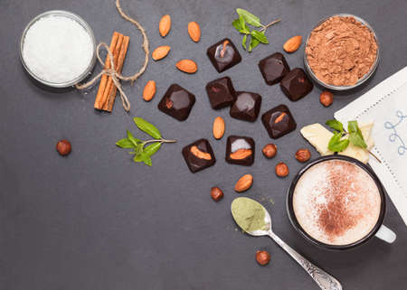 Homemade chocolates with stevia and coffee top view