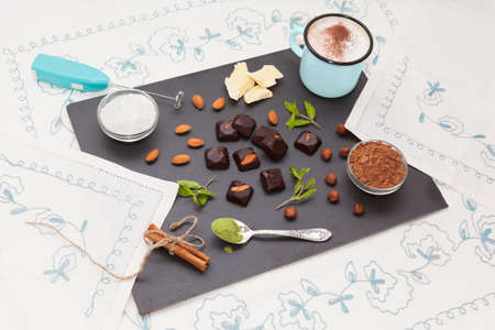 Homemade chocolate sweetmeats with coffee top perspective viewの写真素材