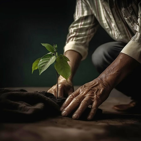 Elderly mans hands planting a plant in the groundの素材