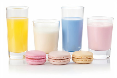 Milkshake cocktails and macaron cookies on white backgroundの素材
