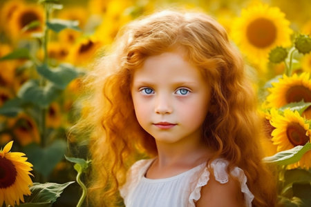 Cute redhair girl in sunflowers field summer portraitの素材