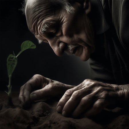 Elderly farmer man's hands planting a sprout in the ground, giving a new lifeの素材