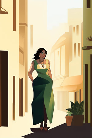 Brunette woman in sage green dress walking on the sunny street with beige buildings flat digital illustrationの素材