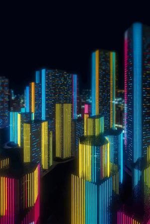 Futuristic night city. Cityscape on a dark background with bright and glowing neon lights. Top bird view with modern buildings and skyscrapers vector illustration.の素材