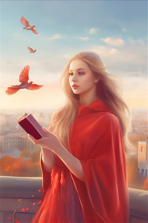 Beautiful young blonde woman in medieval cloak with book and fluttering bright exotic birds, fantasy philosophic illustrationの素材