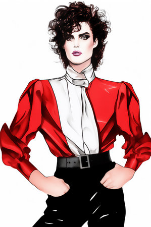 Man model in 90s style outfit fashion digital graphic linear colored sketch, white vertical background illustrationの素材