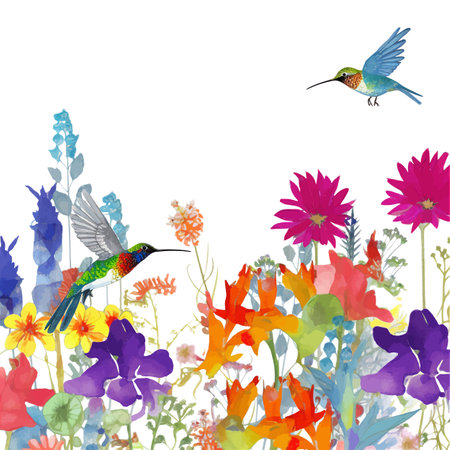 Flying hummingbirds with flowers vector illustration on white backgroundの素材