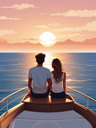 Ð¡ouple on the bow of a yacht at sunsetの素材