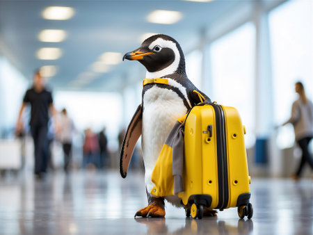 Penguin tourist in airport waiting to flight horizontal illustrationの素材