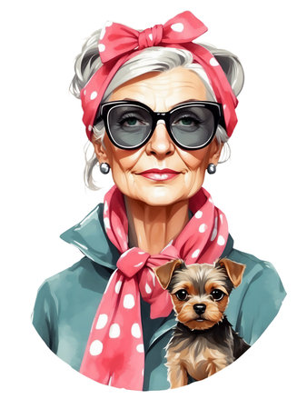 Elegant elderly woman in with stylish sunglasses and pink polka-dot shawl with Yorkshire Terrier dog watercolor illustration isolated on white backgroundの素材