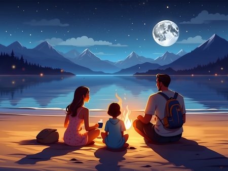 Family mother father and child having a rest at night coast of a mountain lake with moon and bonfireの素材