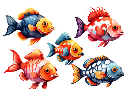 Multicolored watercolor bright tropical fishes set illustration isolated on white backgroundの素材