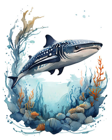 Swimming spotted shark with blue water splashes corals and algae under water watercolor illustration isolated on white backgroundの素材