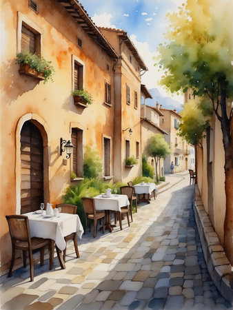 European cityscape with cute cafe with ancient buildings on old street watercolor vertical illustrationの素材