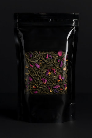 Stylish premium black vacuum zip bag with large leaf green tea with pink and purple floral petals and little pieces of fruits, studio product photoの素材