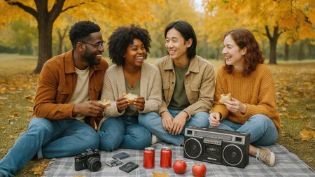 A group of friends Asian, Black, sits on a blanket with vintage camera, cassettes, and an old boombox. Retro tech picnic with sandwiches, soda cans, and apples. Trees with orange leaves background.の素材
