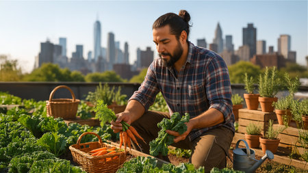 A yong man with beard harvests carrots and kale from a rooftop garden. Hands pulling veggies, city skyline behind, Potted herbs, wooden crates, a watering can, and reusable baskets nearby.の素材