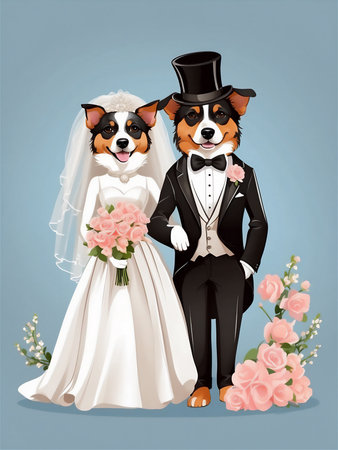 Dogs groom and bride wedding blue backgroundの素材