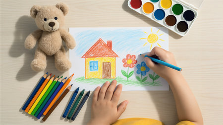 Childs hands draws a picture of a house and flowersの素材