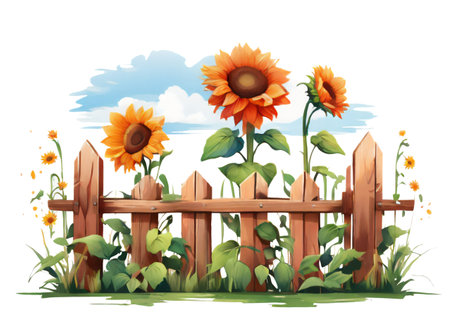Summer sunflowers near wooden fenceの素材