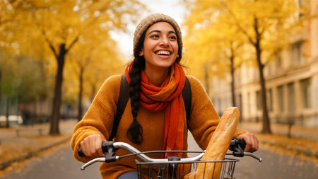 A young woman with braid, wearing a bright scarf, oversized sweater, knitted hat, cycles through a city avenue with yellow-leaved trees. Close-up low angle view of her joyful face.の素材