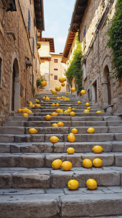 A hundreds of bright yellow lemons cascading down ancient stone steps in a picturesque European summer hillside town.の素材