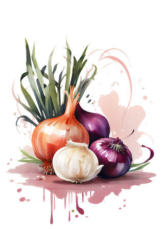 Onion harvest watercolor illustration, isolated on white background with paint splashesの素材