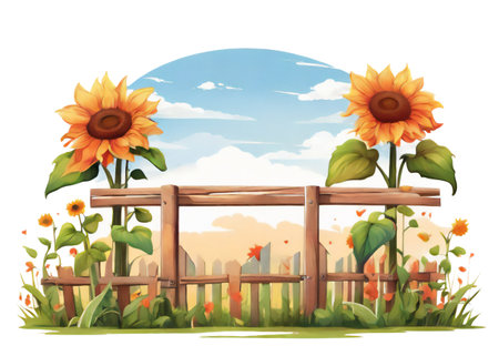 Summer sunflowers near wooden fence with blue sky, watercolor illustration isolated on white backgroundの素材
