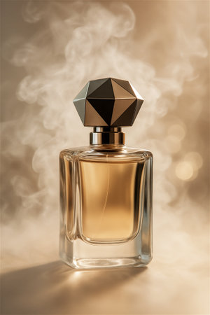 Classic glass perfume bottle with a beautiful metallic golden cap in the shape of a cut diamond, on a beige smoky vertical background with cloudsの素材