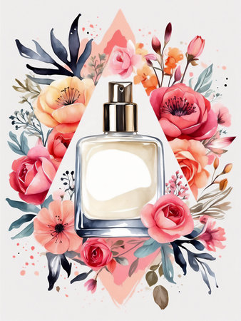 Elegant floral modern perfume glass bottle with flowers watercolor illustration, isolated on white backgroundの素材