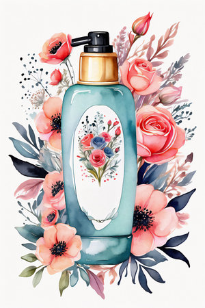 Shampoo cosmetic bottle with dispenser, flowers and empty label, watercolor illustration, isolated on a white backgroundの素材
